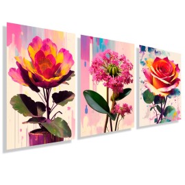 Kit com 3 quadros decorativos flores aquarela  KIT111